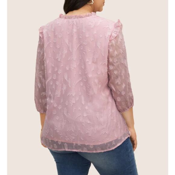 New BLOOMCHIC Women's Pink Chiffon Plain Textured Ruffle Trim Blouse Size 14-16 - Picture 2 of 9